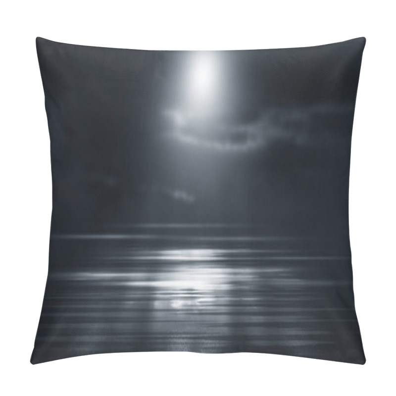 Personality  Dramatic Black And White Background. Cloudy Night Sky, Moonlight, Reflection On The Pavement. Smoke And Fog On A Dark Street At Night. Night Futuristic Landscape, Cold Night. Pillow Covers