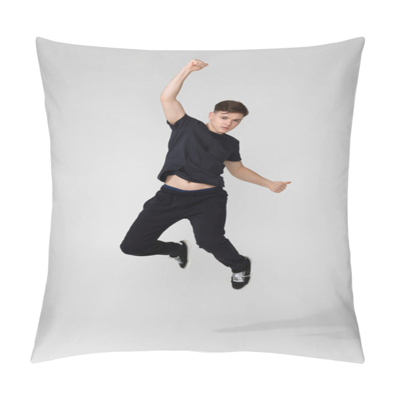 Personality  Handsome Young Man In Black T-shirt Jumping. Pillow Covers