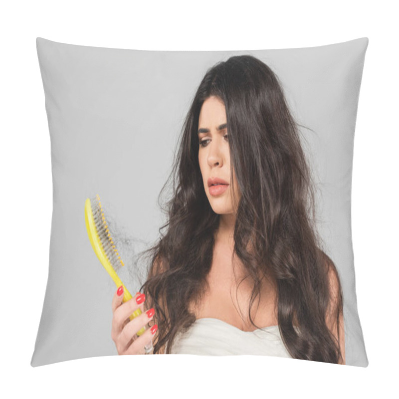 Personality  Sad Brunette Woman Looking At Hair Brush With Lost Hair Isolated On Grey Pillow Covers