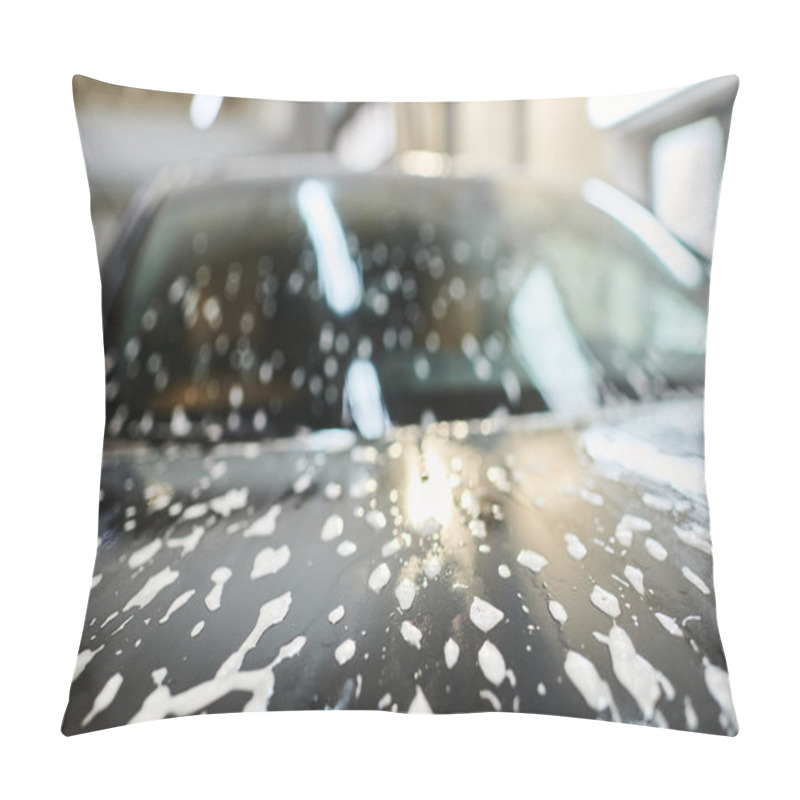 Personality  Object Photo Of Soapy Hood Of Black Modern Automobile During Car Detailing Service In Garage Pillow Covers