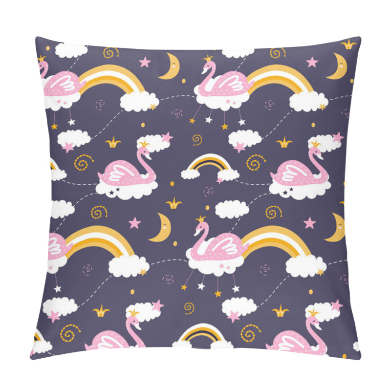 Personality  Cute Seamless Patterns With Swans. Pink Swans With Stars On Clouds And Rainbows. Vector Children Background. Printing On Fabric, Clothing, Wallpaper, Paper. Pillow Covers