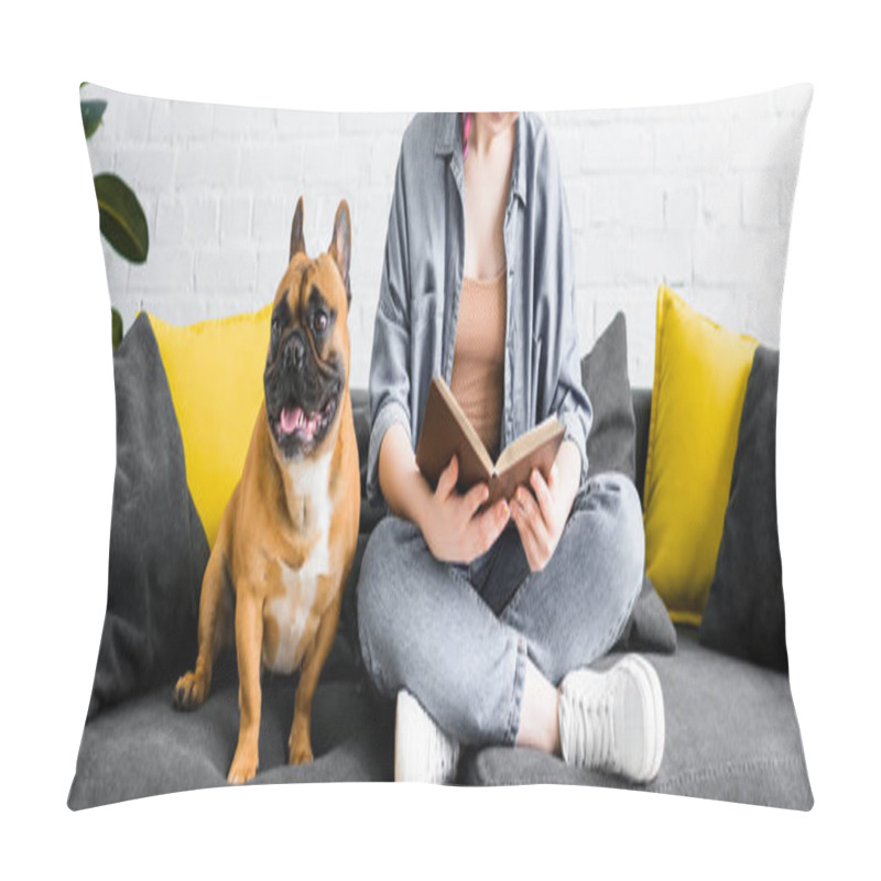 Personality  Panoramic Shot Of Cute Bulldog Sitting On Sofa With Girl, Who Reading Book Pillow Covers