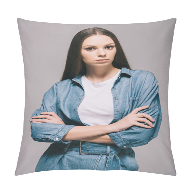 Personality  Young Adult And Beautiful Woman In Denim Dress With Crossed Arms Isolated On Grey Pillow Covers