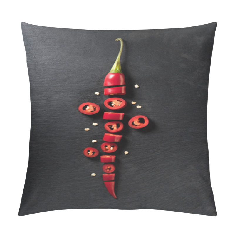 Personality  Elevated View Of Cut Red Ripe Chili Pepper On Black Surface Pillow Covers