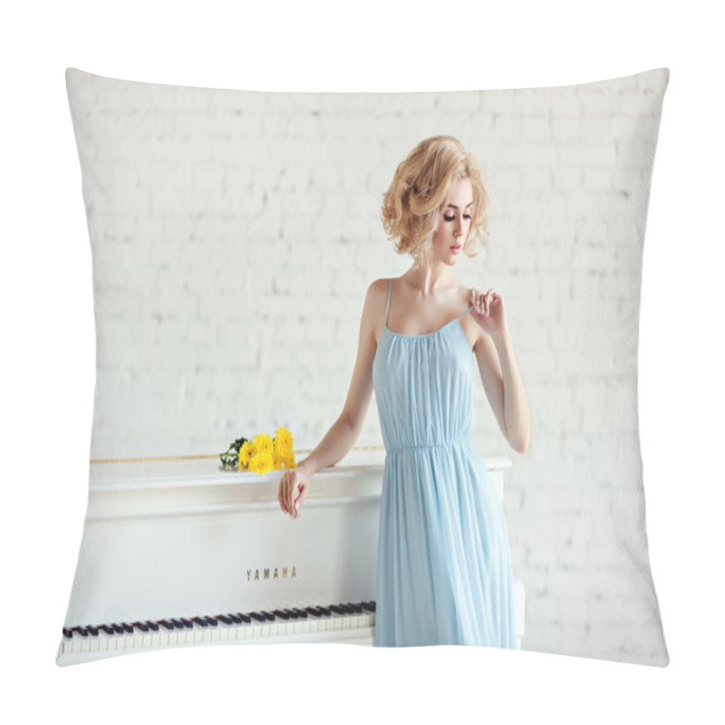 Personality  Beautiful Sensual And Sexy Blonde Girl In A Blue Dress Standing  Pillow Covers