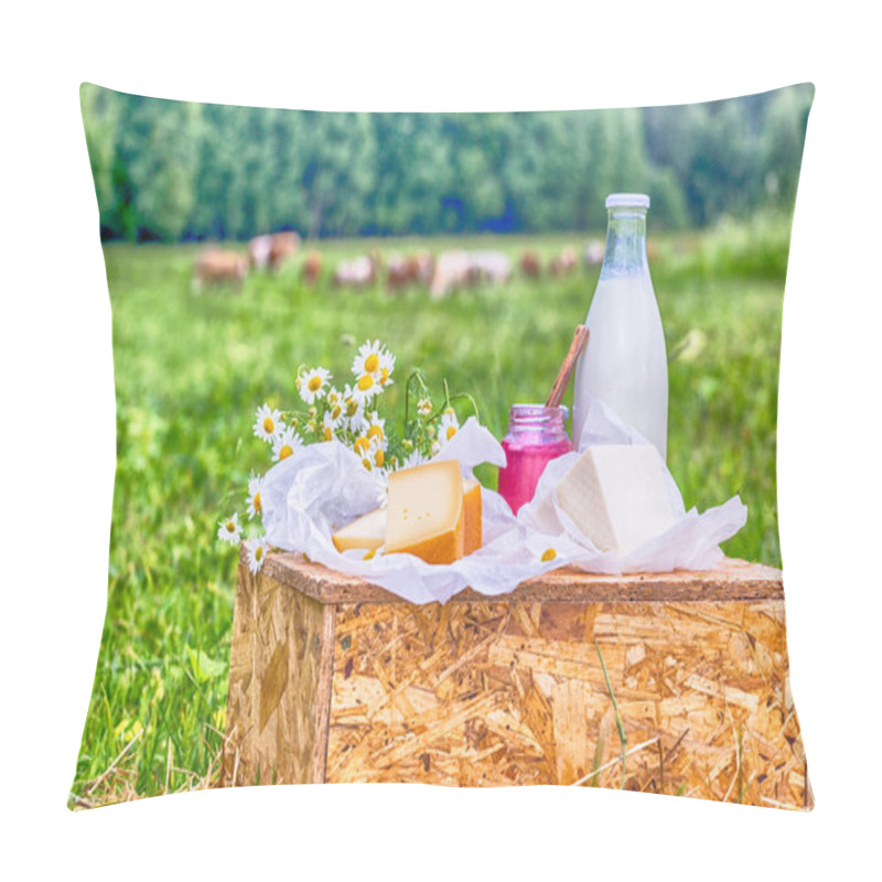 Personality  Dairy Products Milk, Cheese Yogurt Served At Picnic Table In A Cheese Farm Caws In Background Pillow Covers