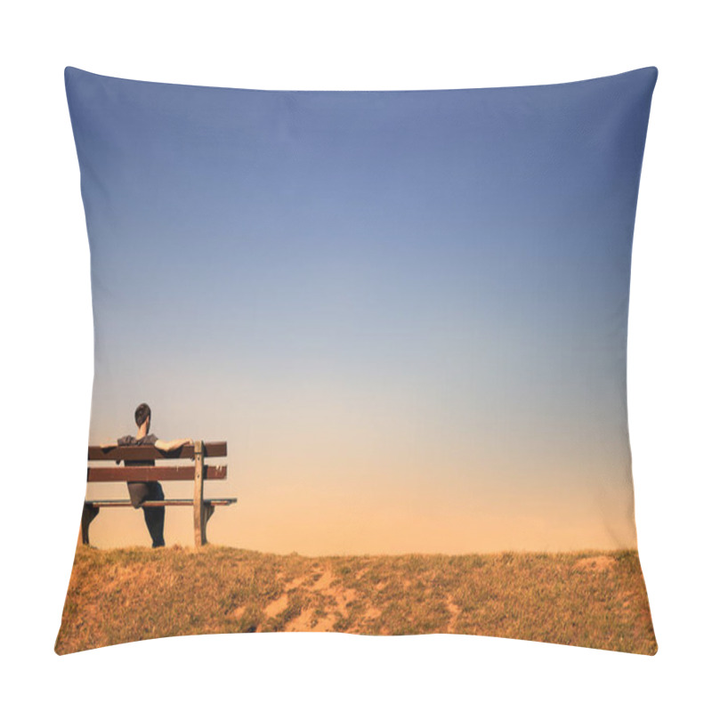 Personality  Young Man Resting Alone On A Bench In An Empty Landscape At Dusk Pillow Covers