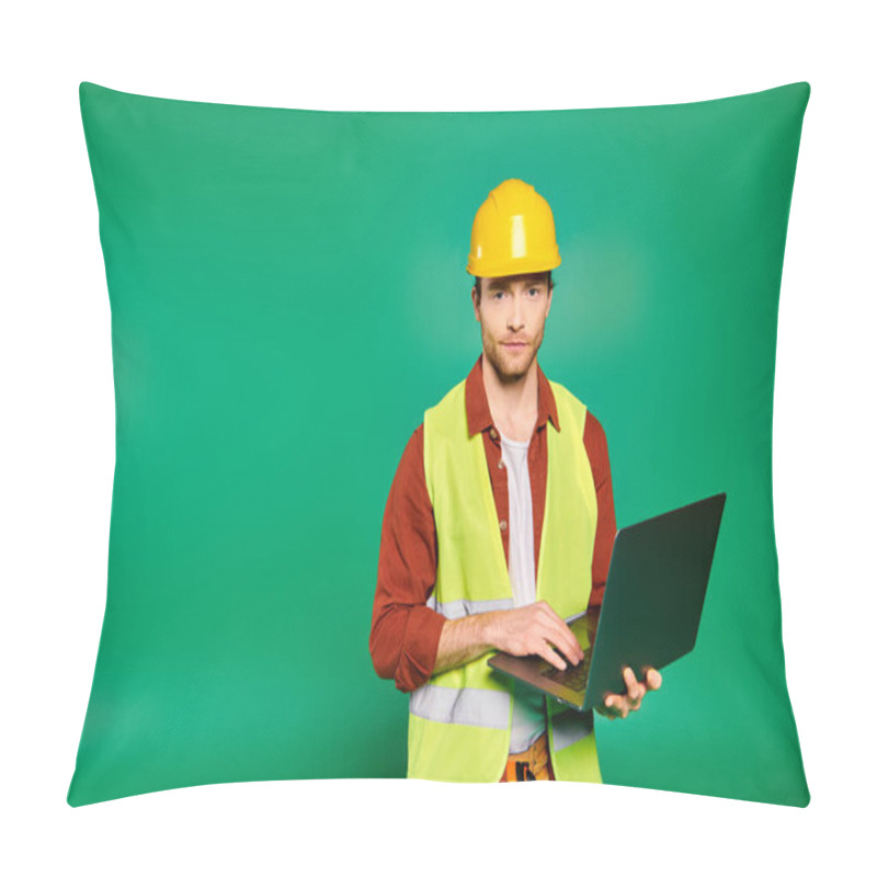 Personality  A Man In A Yellow Safety Vest Holds A Laptop. Pillow Covers