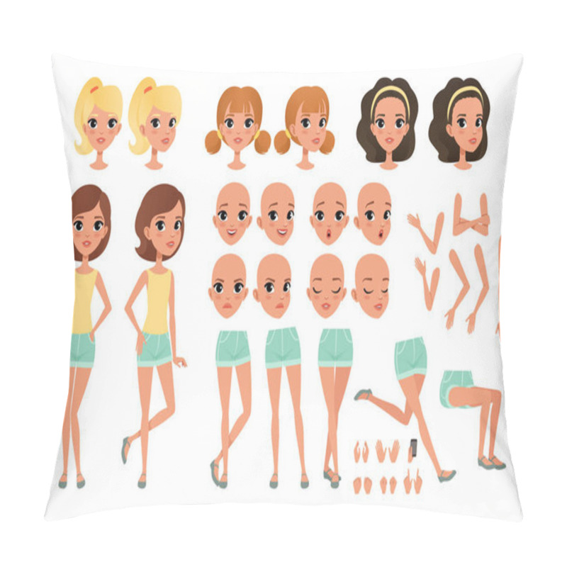 Personality  Teenager Girl Character Creation Set With Various Views, Poses, Face Emotions, Hands Gestures And Haircuts. Female Character Full Length Portrait. Isolated Flat Vector Pillow Covers