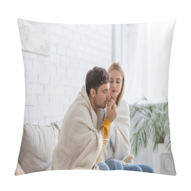 Personality  Young Man Warming Hand Of Girlfriend Covered In Blanket Sitting In Living Room Pillow Covers