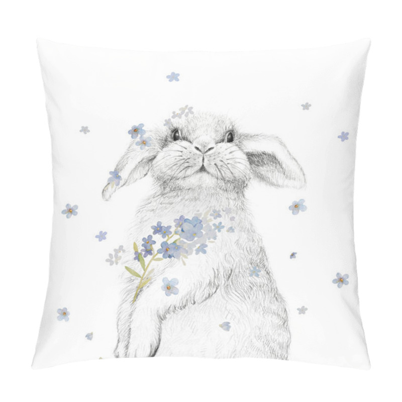 Personality  Cute Bunny With Forget Me Not Flowers Illustrations. Easter Bunny Spring Illustrations. Nursery Wall Art. Rabbit With Flowers Illustrations Pillow Covers