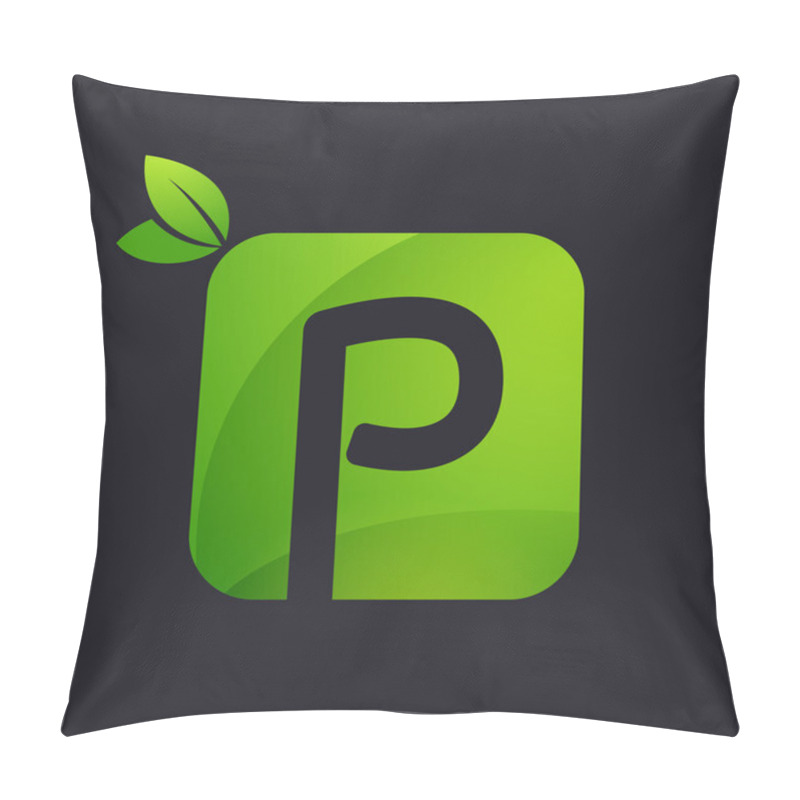 Personality  P Letter Logo With Square And Green Leaves. Pillow Covers