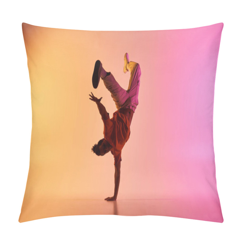 Personality  A Black Man In A Red Shirt Handstands With Legs In The Air Against A Colorful Pink-orange Backdrop. Pillow Covers