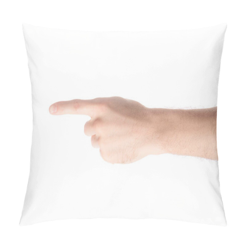 Personality  Cropped View Of Man Pointing Left With Finger Isolated On White Pillow Covers