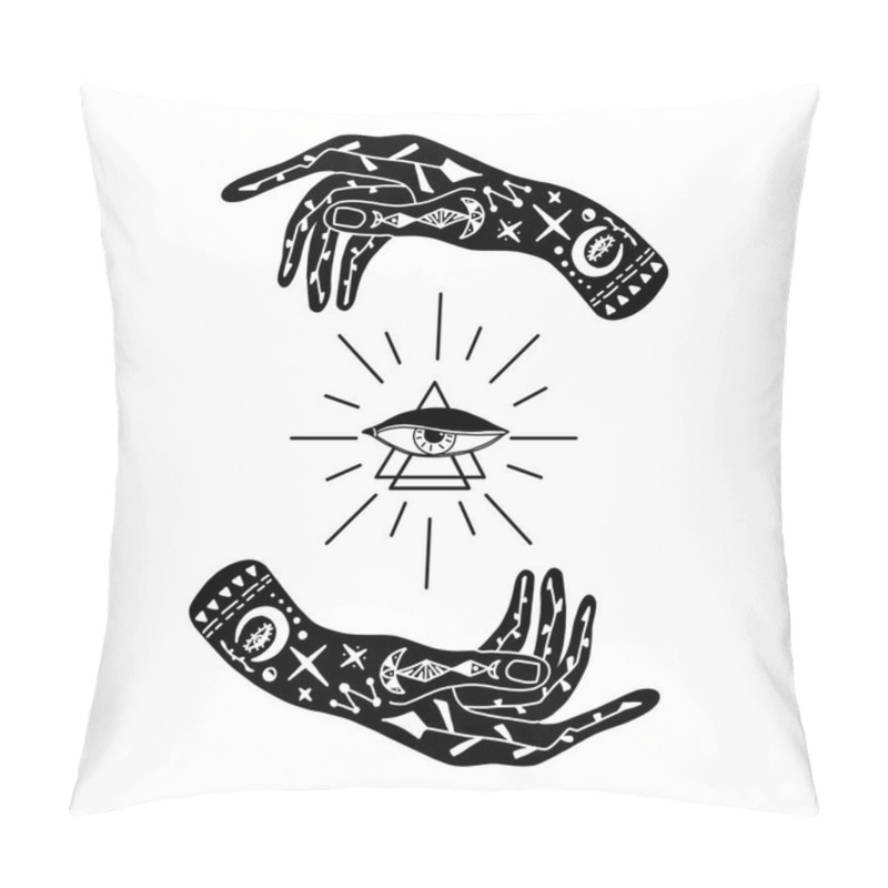 Personality  Vector Illustration Of Hands With Tattoos, An Alchemy Symbol With A Triangle And An Eye With Rays. Abstract Graphics With Occult And Mystical Signs. Hand-drawn Style. A Spiritual Intention. The Concept Of Magic. Pillow Covers