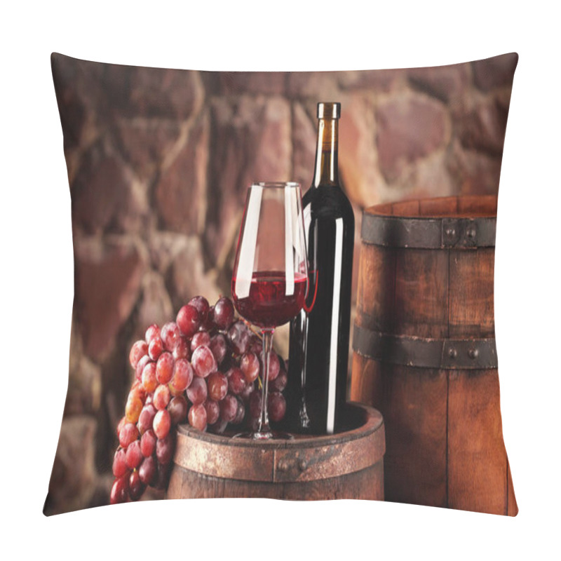 Personality  Red Wine.Still Life With Glass And Bottle Of Red Wine, Grapes And Barrel.Selective Focus.Wine Cellar Atmosphere.Copy Space Pillow Covers