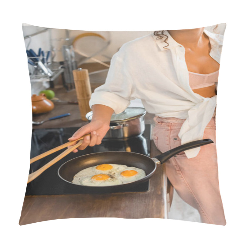 Personality  Cropped View Of Woman Holding Kitchen Tongs Near Eggs On Frying Pan In Kitchen  Pillow Covers