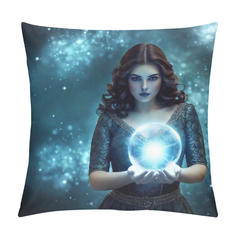 Personality  A High-resolution Digital Artwork Depicting A Dark-haired Woman With Piercing Eyes, Dressed In An Intricate, Dark, Medieval-style Gown With Silver Embellishments. She Is Holding A Glowing Crystal Ball With Both Hands, Emanating An Ethereal Blue Pillow Covers