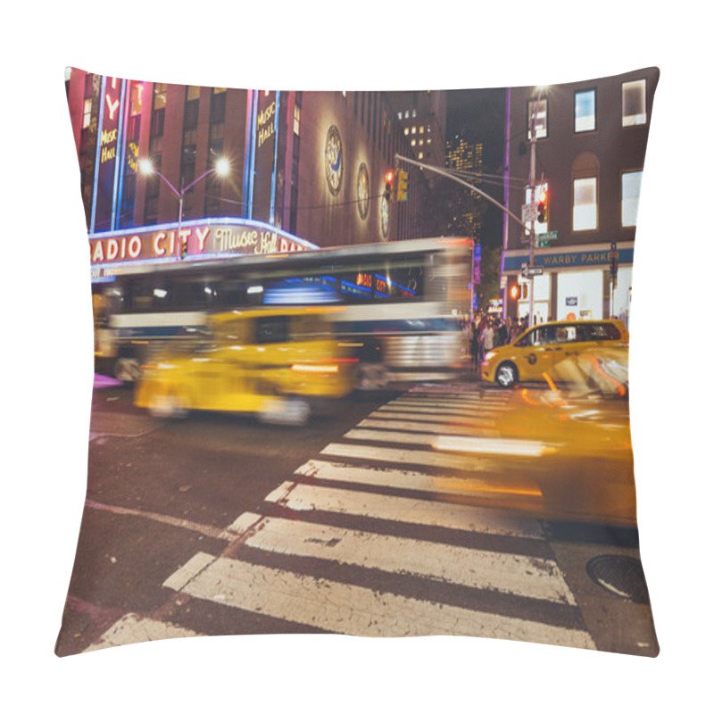 Personality  TIMES SQUARE, NEW YORK, USA - OCTOBER 8, 2018: Motion Picture Of Times Square And Cars In New York At Night, Usa Pillow Covers