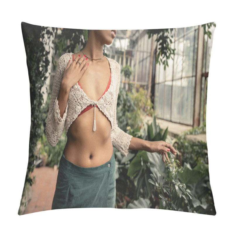 Personality  Cropped View Of Young African American Woman In Stylish Summer Knitted Top And Skirt Touching Chest While Standing Near Plants In Blurred Greenhouse, Stylish Lady Surrounded By Lush Greenery Pillow Covers