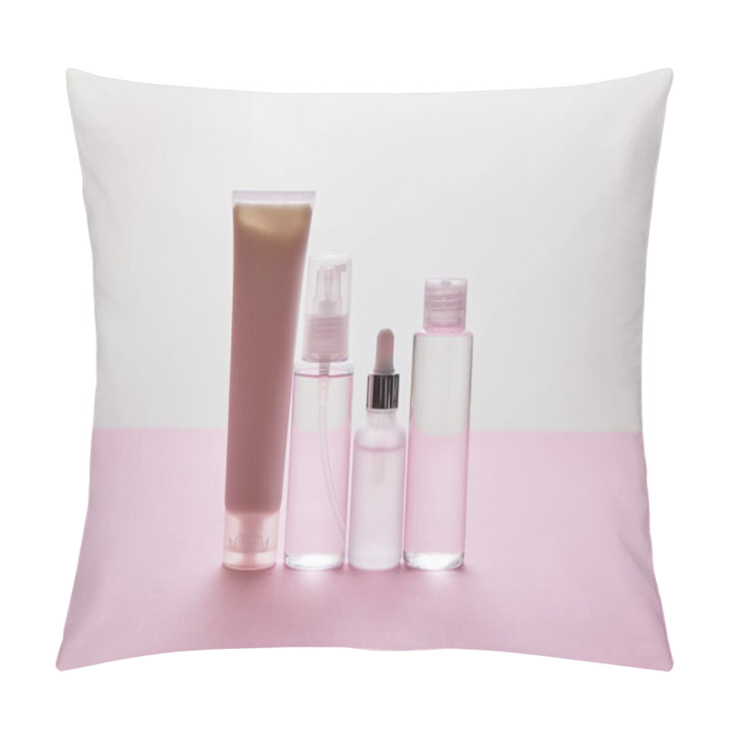 Personality  Set Of Cosmetic Bottles And Cosmetic Cream Tube On Pink And Grey Background Pillow Covers