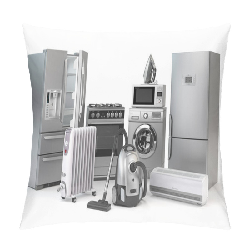 Personality  Home Appliances. Set Of Household Kitchen Technics Isolated On White Background. Fridge, Gas Cooker, Microwave Oven, Washing Machine Vacuum Cleaner Air Conditioneer And Iron. 3d Illustration Pillow Covers