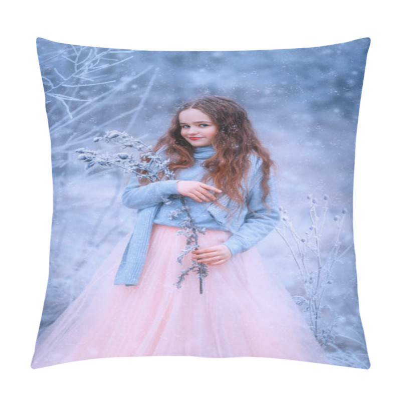 Personality  Portrait Charming Cute Happy Smiling Girl Frozen Branch In Hands. Princess Brunette With Long Flowing Hair In Chic Airy Dress, Warm Sweater Scarf Enjoy Winter Nature On Backdrop Snow Frost, Hoarfrost Pillow Covers