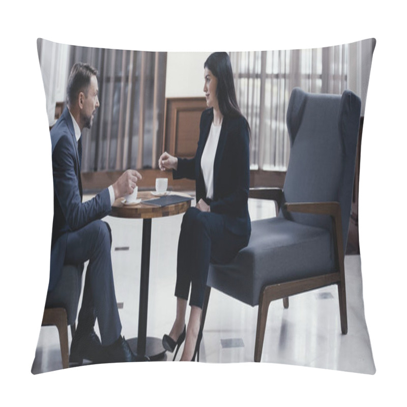 Personality  Business Partners Talking Over Coffee In Restaurant Lobby Pillow Covers