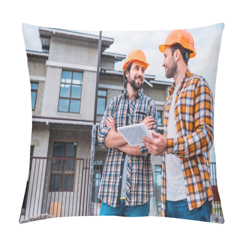 Personality  Happy Architects Using Digital Tablet At Construction Site Pillow Covers