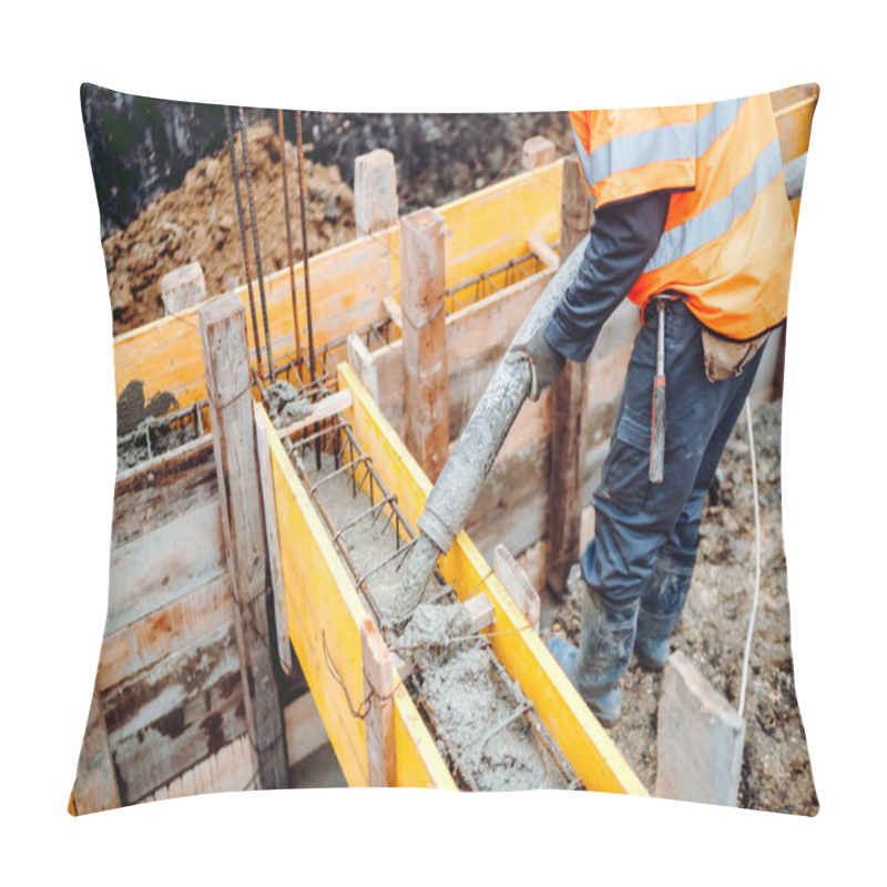 Personality  Details Of Concrete Pouring During Construction Of House. Industrial Details, Machinery And People Pillow Covers