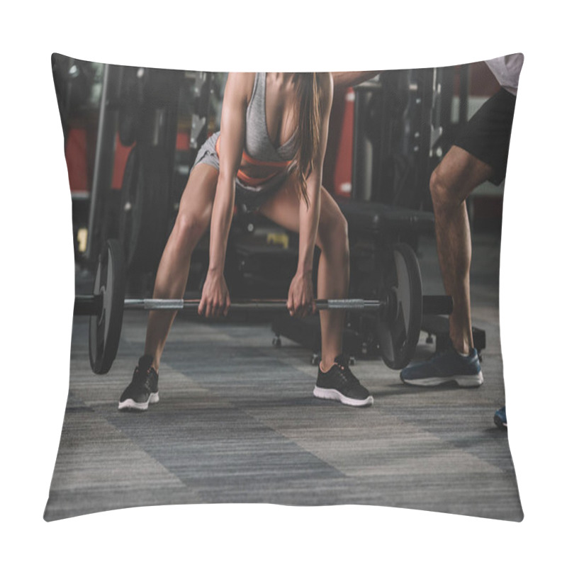 Personality  Cropped View Of Trainer Supporting Sportswoman Lifting Barbell Pillow Covers