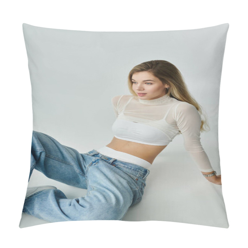 Personality  A Young Woman In A Stylish Outfit Sits On The Floor, Looking Serene And Thoughtful In California. Pillow Covers