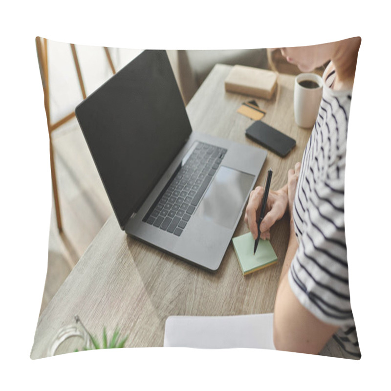 Personality  A Woman With Vitiligo Writes Notes While Surrounded By A Cozy Workspace. Pillow Covers