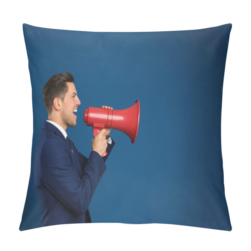 Personality  Handsome Man With Megaphone On Blue Background Pillow Covers