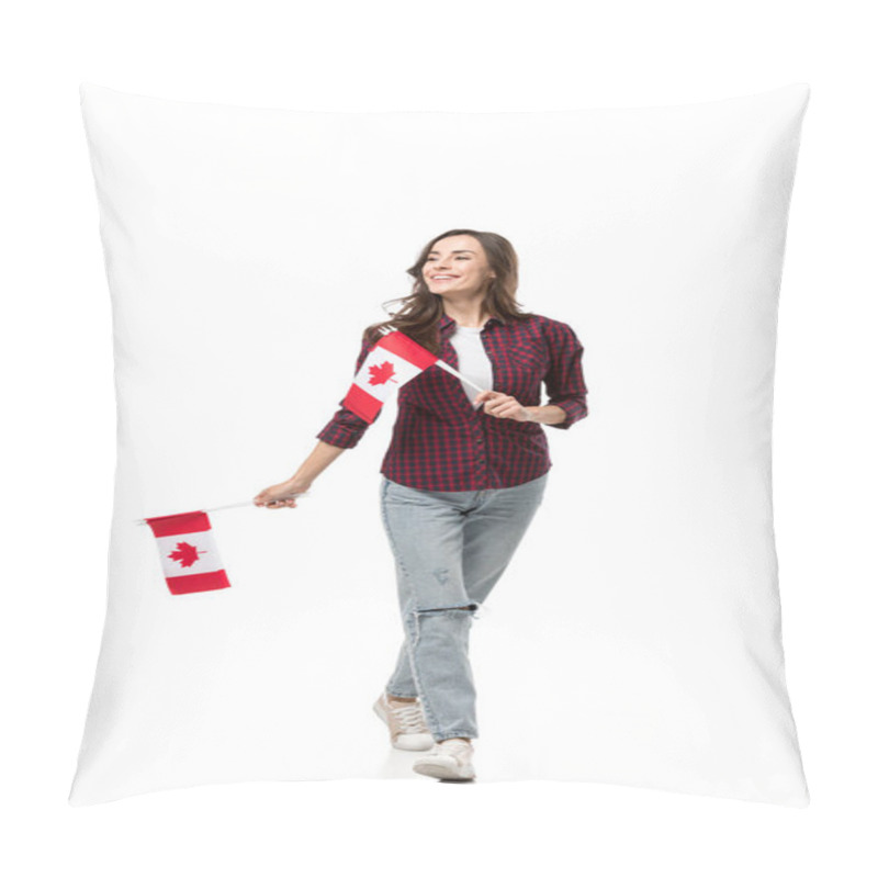 Personality  Beautiful Woman Holding Canadian Flags Isolated On White Pillow Covers