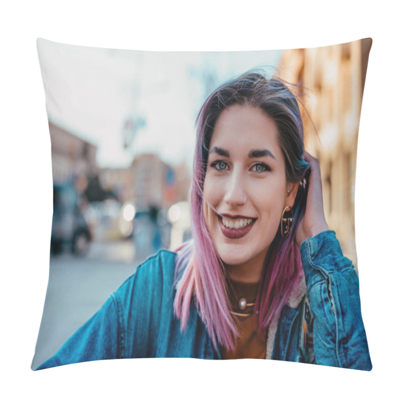 Personality   Smiling Girl With Purple Hair. Pillow Covers