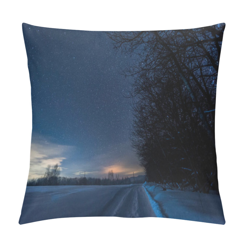 Personality  Starry Dark Sky And Road In Carpathian Mountains At Night In Winter Pillow Covers