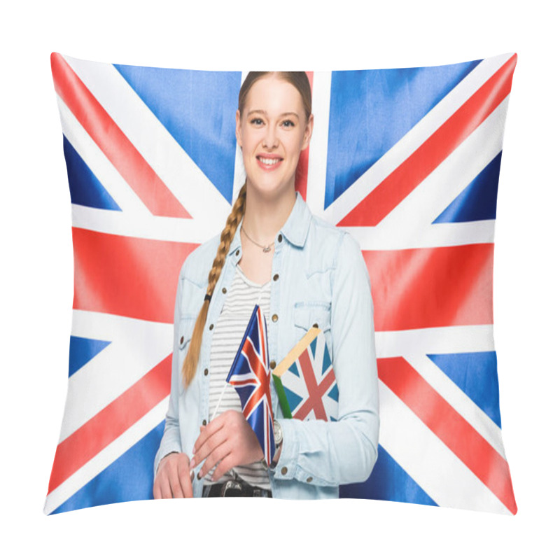 Personality  Smiling Pretty Girl With Braid Holding Book On Uk Flag Background Pillow Covers