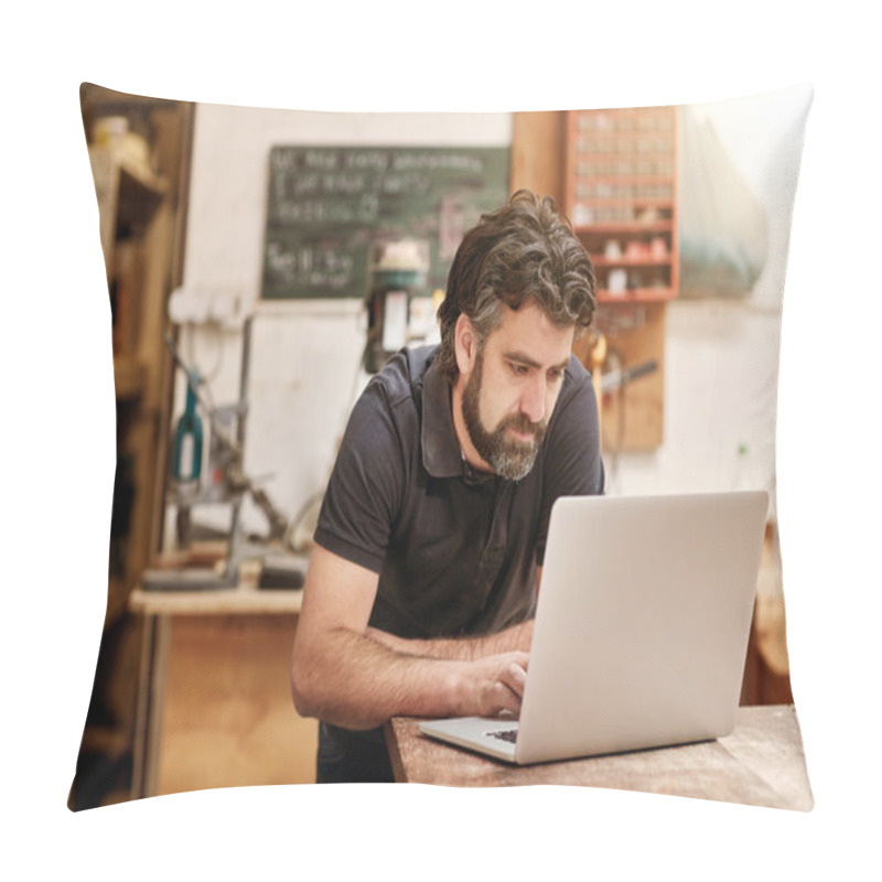 Personality  Designer Working On Laptop On Workbench In Studio Pillow Covers