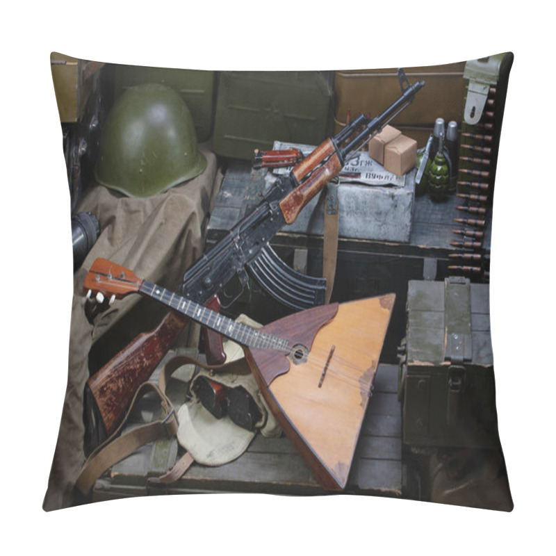 Personality  Kalashnikov AK 47 With Ammunitions On Army Box Background. Pillow Covers