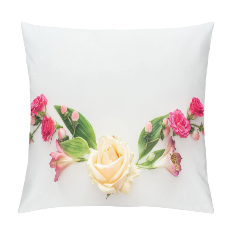 Personality  Top View Of Composition With Alstroemeria, Roses And Berries On White Background Pillow Covers