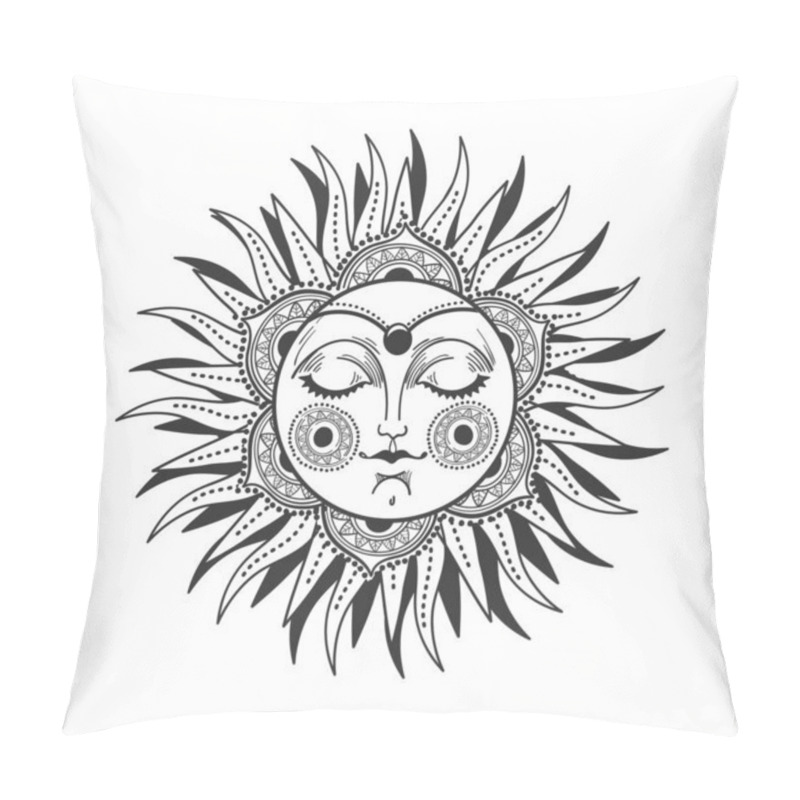 Personality  Bohemian Sun With Face And Rays, Mystical Line Drawing For Astrology, Tarot Icon, Witch Tattoo. Vector Symbol, Illustration Isolated On White Background. Pillow Covers