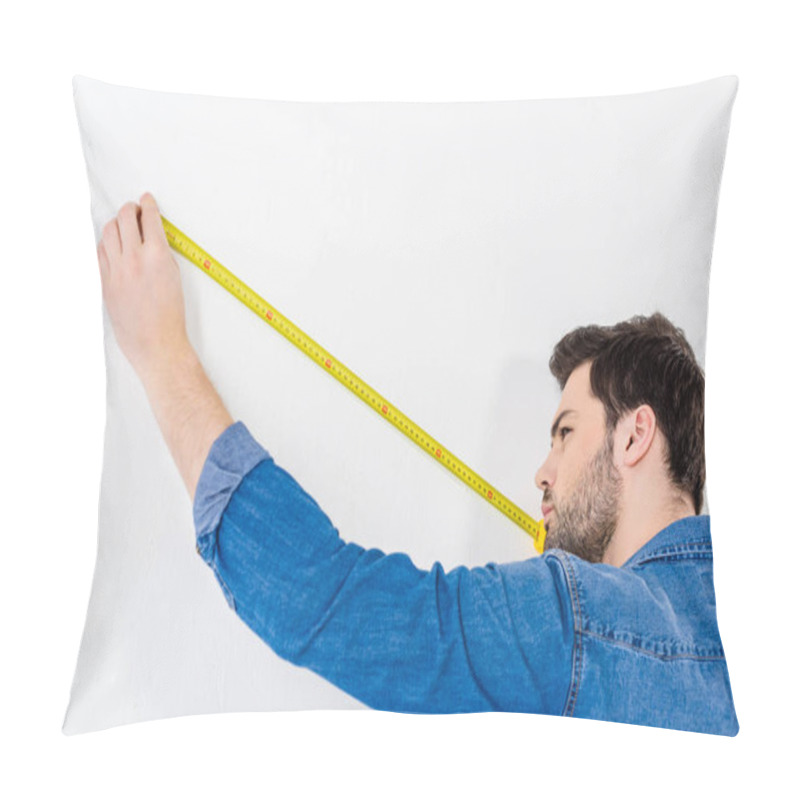 Personality  Man Measuring Wall With Tape Measure On White Pillow Covers