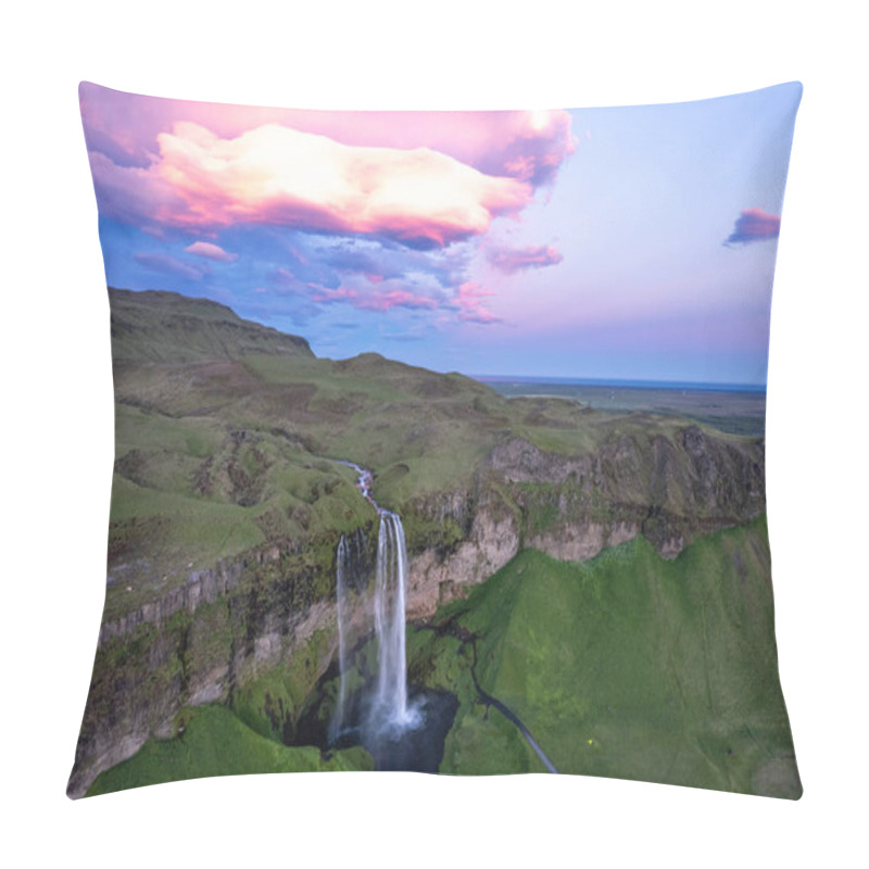 Personality  Aerial View Of Serene Seljalandsfoss Waterfall Cascades Over Lush Greenery, Surrounded By Dramatic Cliffs Under A Breathtakingly Vibrant Sunset Sky In Area Of Golden Circle In Iceland Pillow Covers