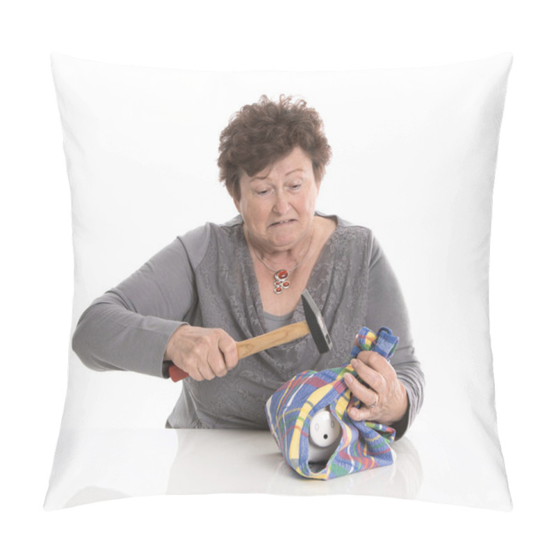 Personality  Portrait: Senior Woman Smashing Her Piggy Box. Isolated Over Whi Pillow Covers