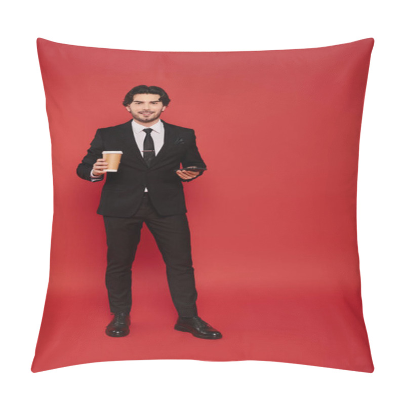 Personality  Dressed Sharply In A Suit, The Young Man Holds A Coffee And Smartphone While Standing Confidently. Pillow Covers