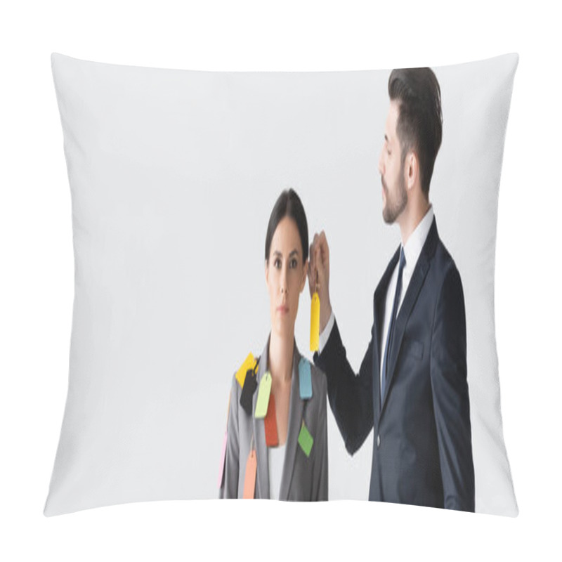 Personality  Panoramic Crop Of Bearded Businessman Putting Label On Beautiful Businesswoman Isolated On White, Sexism Concept  Pillow Covers