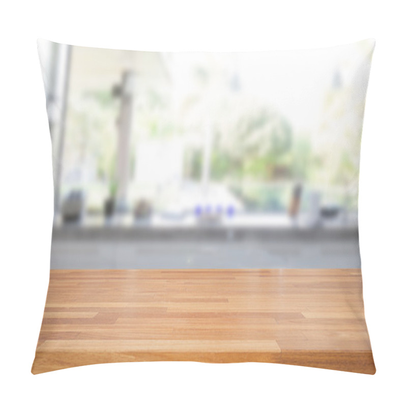 Personality  Empty Wooden Table And Blurred Kitchen Background Pillow Covers