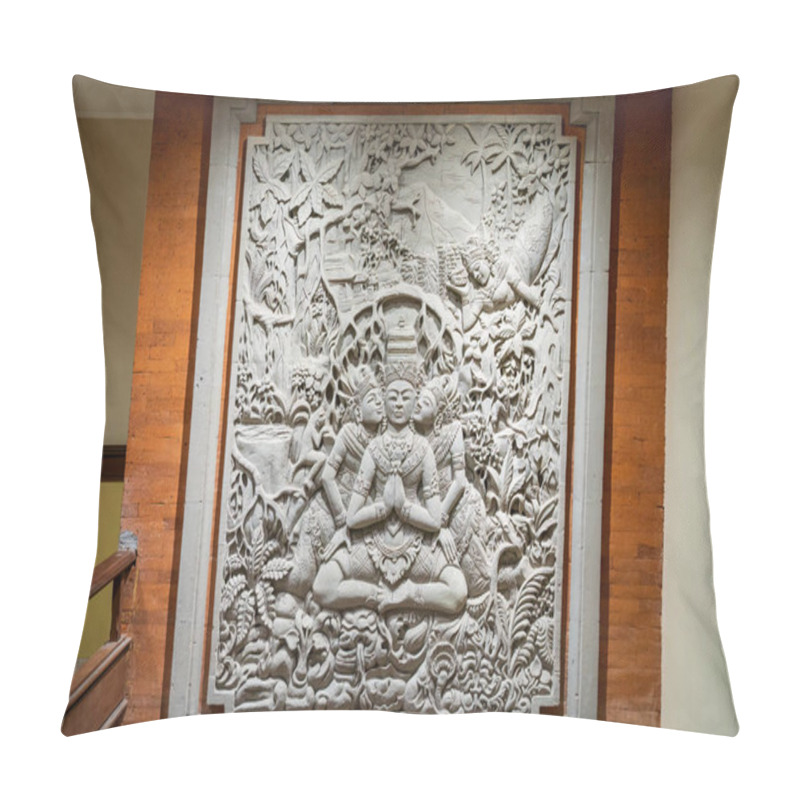 Personality  Stone Carving Depicting Three Meditative Figures In Traditional Balinese Style, Surrounded By Intricate Floral Patterns And Palm Trees, Reflecting Spiritual Art Pillow Covers