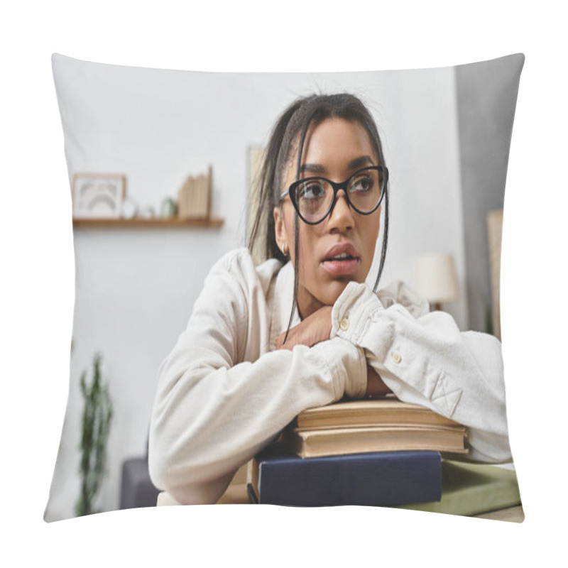 Personality  A Young Woman Deeply Focused On Her Studies, Resting Her Chin On Her Arms Surrounded By Books. Pillow Covers